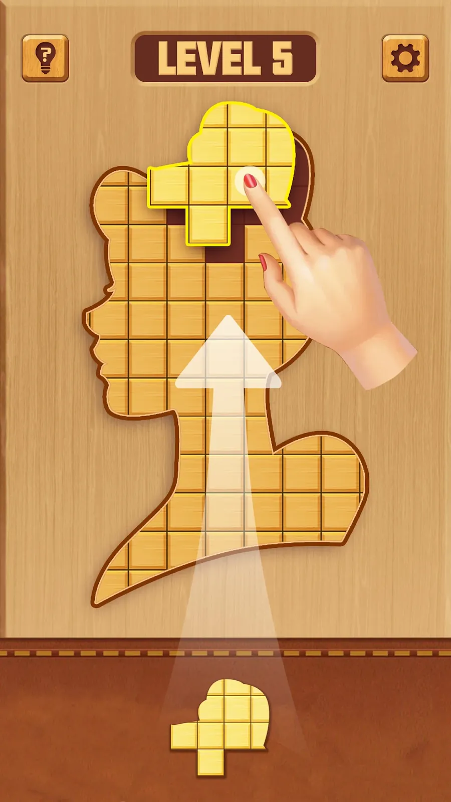 BlockPuz: Block Puzzle Games, a wooden jigsaw board part way through level five