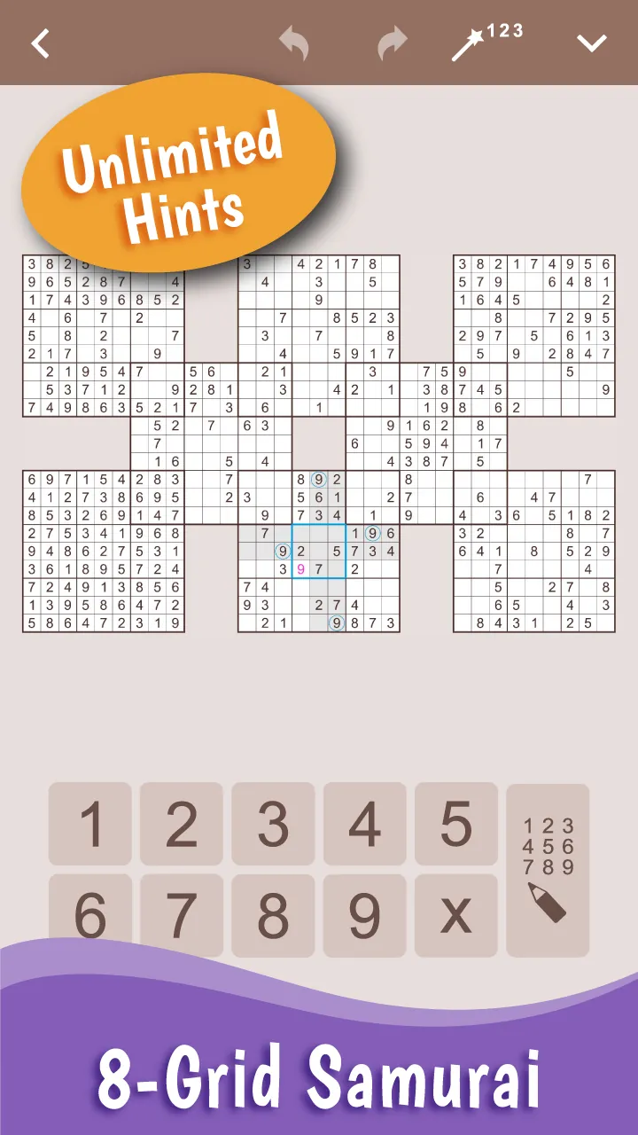 MultiSudoku: Samurai Sudoku, an eight-grid samurai layout with the number pad open