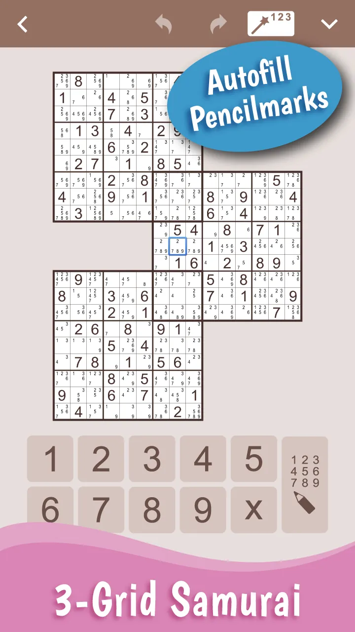 MultiSudoku: Samurai Sudoku, a three-grid layout with pencil marks filled in